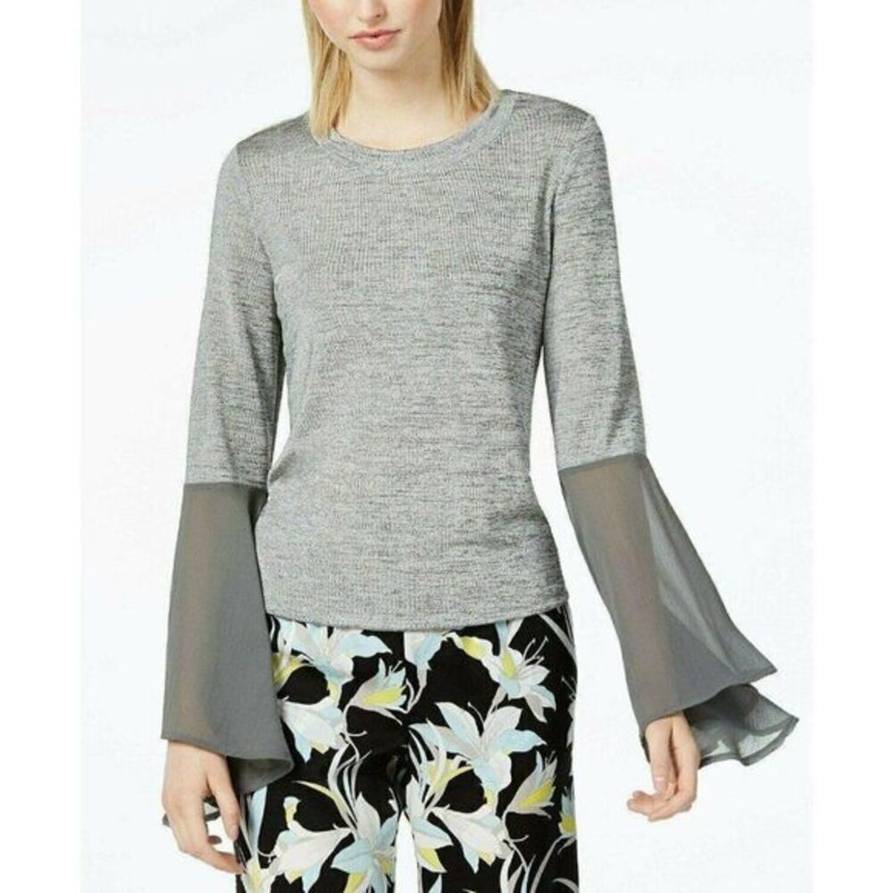 BAR III Blouse Top‎ Women's XS Silver Gray Chiffon Contrast Tiered Bell-Sleeve